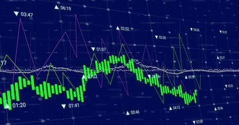 Image of financial data processing over blue background Illustrazione stock