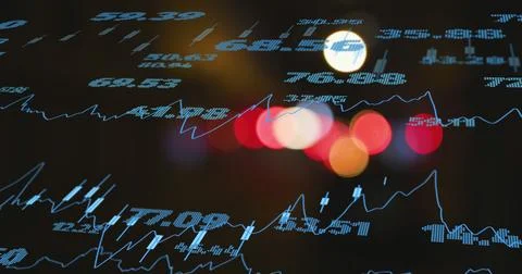 Image of financial data processing over city lights Stock Illustration