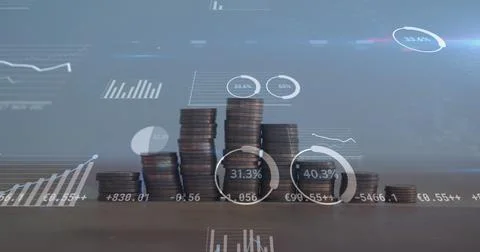 Image of financial data processing over stacks of coins Ilustração Stock