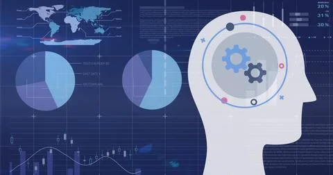 Image of financial data processing over human head with cogs Stock Illustration