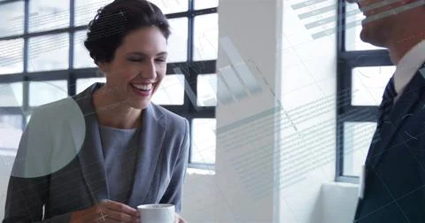 Image of financial data processing over diverse business people in office 库存插图