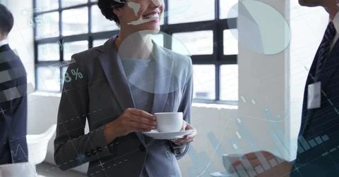 Image of financial data processing over diverse business people in office 스톡 일러스트