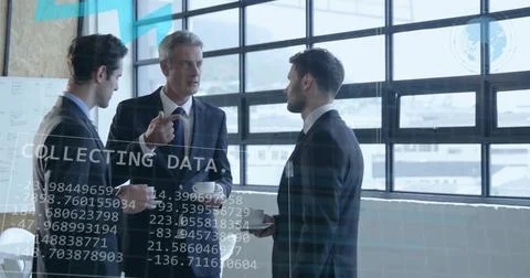 Image of financial data processing over diverse business people in office Illustrazione stock