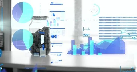 Image of financial data processing over jar of coins Ilustração Stock