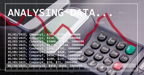 Image of financial data processing over payment terminal and smartphone 库存插图