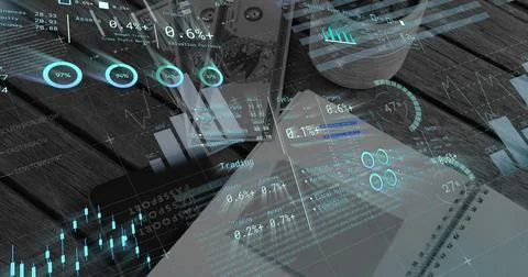 Image of financial data processing over american dollar bills and notebook 库存插图