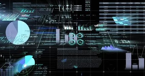 Image of financial data processing over dark background Illustrazione stock