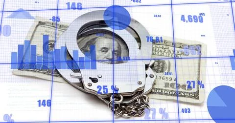 Image of financial data processing over american dollar bill and handcuffs Stockillustratie