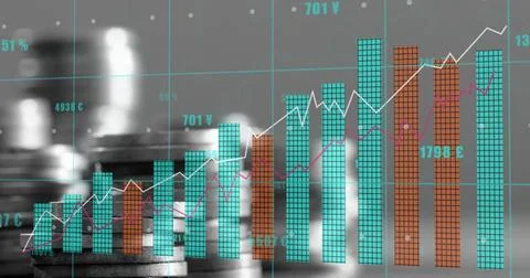 Image of financial data processing over stacks of coins Stock Illustration