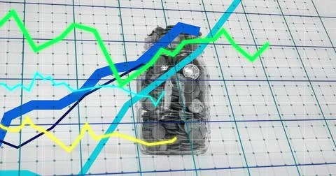 Image of financial data processing over jar of coins Stock Illustration