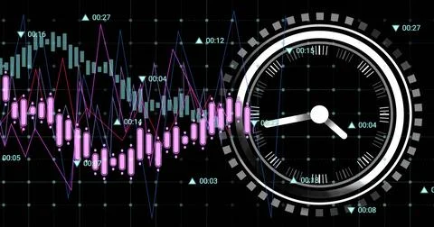 Image of financial data processing over clock and black background Illustrazione stock