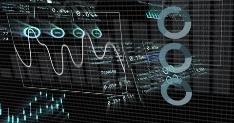 Image of financial data processing over dark background Illustrazione stock