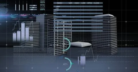 Image of financial data processing over cityscape Stock Illustration