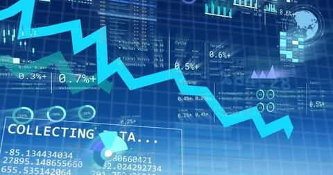 Image of financial data processing over blue background Stockillustratie
