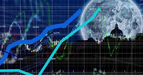 Image of financial data processing over cityscape and full moon Ilustração Stock