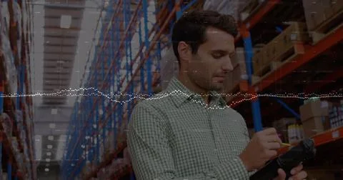 Image of financial data processing over caucasian businessman in warehouse 스톡 일러스트