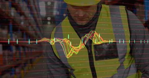 Image of financial data processing over caucasian worker in warehouse 스톡 일러스트