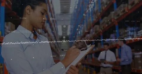 Image of financial data processing over diverse business people in warehouse 스톡 일러스트