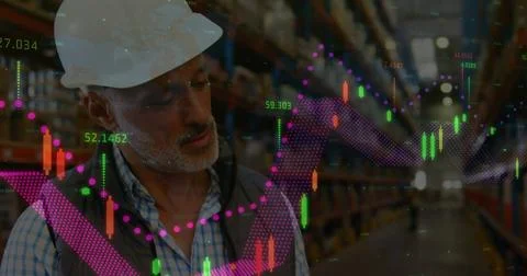 Image of financial data processing over biracial worker in warehouse Stockillustratie