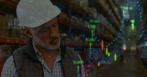 Image of financial data processing over biracial worker in warehouse 스톡 일러스트