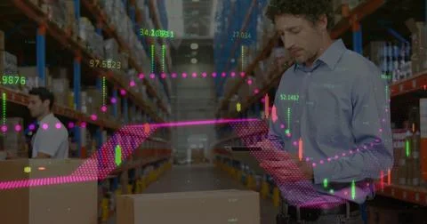 Image of financial data processing over diverse business people in warehouse 스톡 일러스트