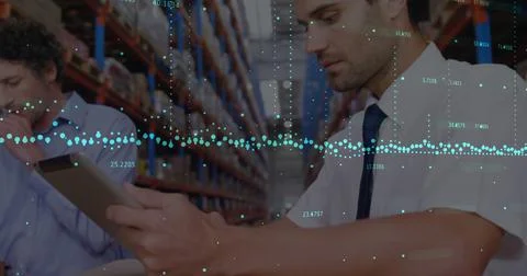 Image of financial data processing over diverse business people in warehouse 스톡 일러스트