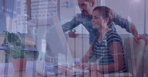 Image of financial data processing over business people using computer in Illustrazione stock