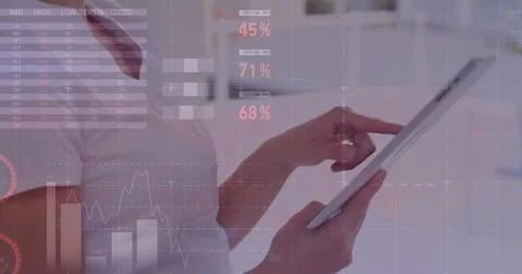 Image of financial data processing over businesswoman using tablet 스톡 일러스트