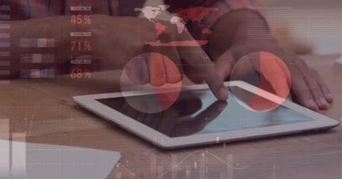 Image of financial data processing over businesswoman using tablet Stock Illustration