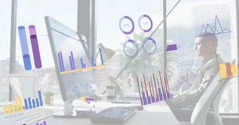 Image of financial data processing over biracial businessman using computer イラスト素材