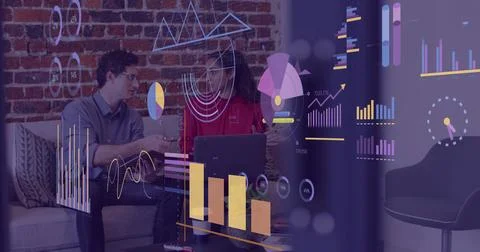 Image of financial data processing over diverse business people 스톡 일러스트