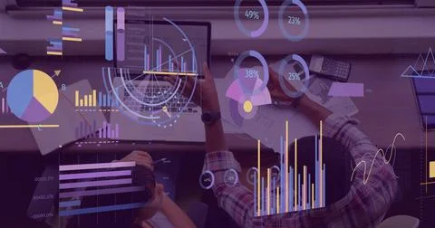 Image of financial data processing over diverse business people Stock Illustration