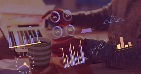 Image of financial data processing over biracial businessman using computer Illustrazione stock