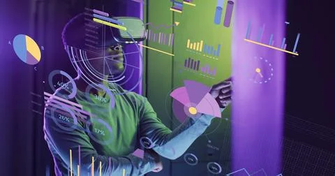 Image of financial data processing over african american businessman using vr 스톡 일러스트