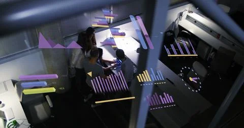 Image of financial data processing over business people working in office Illustrazione stock