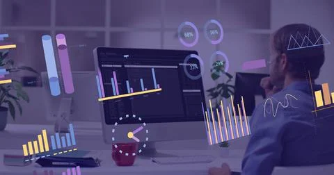 Image of financial data processing over businessman using computer イラスト素材
