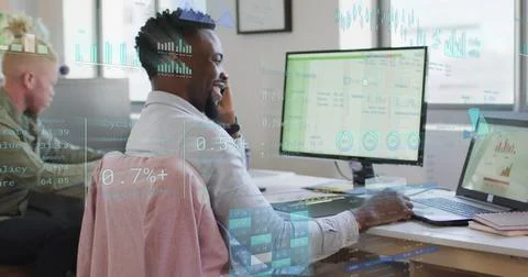 Image of financial data processing over diverse business people in office 스톡 일러스트
