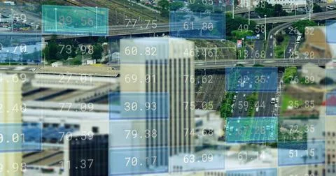 Image of financial data processing over cityscape Stock Illustration