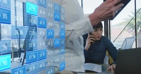 Image of financial data processing over diverse business people in office 스톡 일러스트