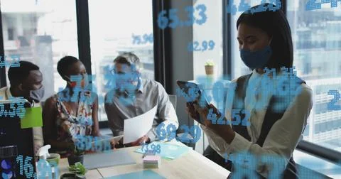 Image of financial data processing over diverse business people in face masks in 스톡 일러스트