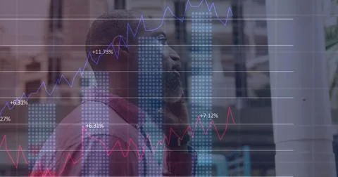 Image of financial data processing over african american man having coffee Stock Illustration