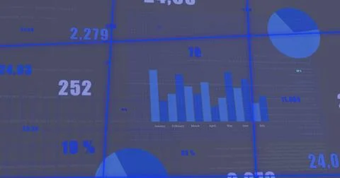 Image of financial data processing over grid on grey background イラスト素材