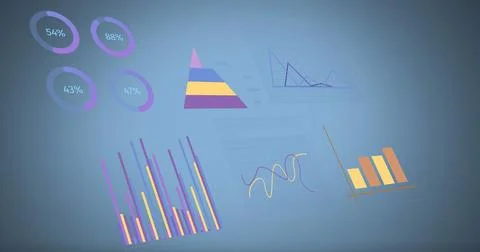 Image of financial data processing over blue background Stockillustratie