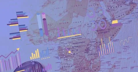 Image of financial data processing over world map Illustrazione stock