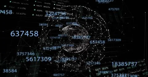 Image of financial data processing over globe and grid Illustrazione stock
