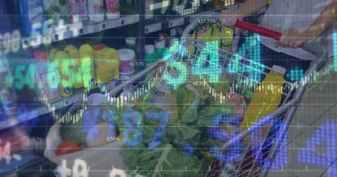 Image of financial data processing over warehouse Illustrazione stock