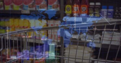 Image of financial data processing over businesswoman using vr headset Illustrazione stock