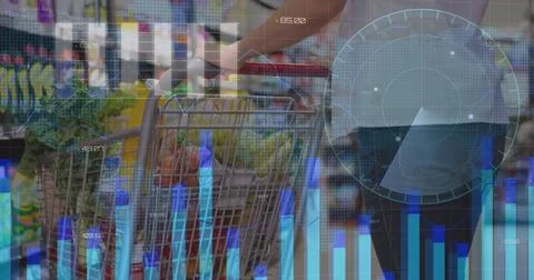 Image of financial data processing over shopping cart Ilustração Stock