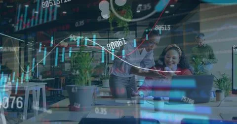 Image of financial data processing over diverse businesswomen イラスト素材
