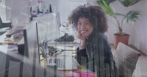 Image of financial data processing over african american businesswoman using Stock Illustration